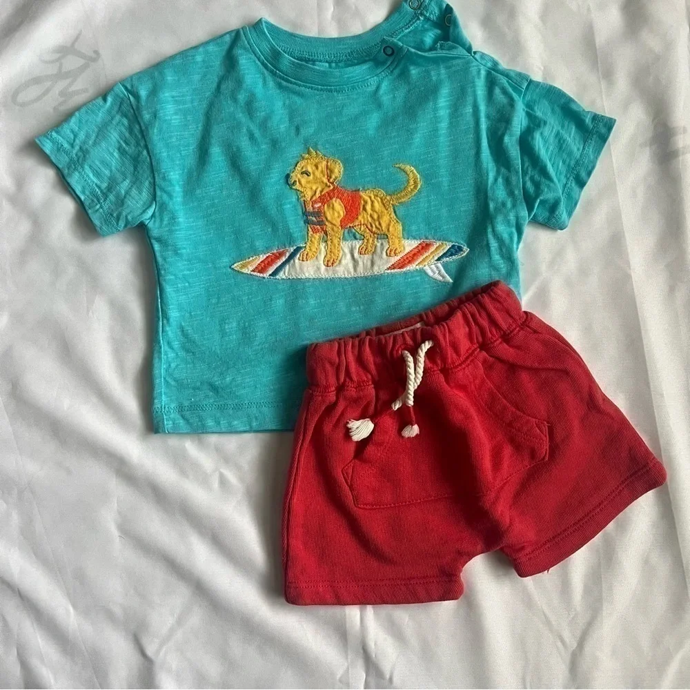 Harley Surfing Dog Shirt and Red Shorts Outfit Set Size 3-6 Months